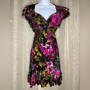 Betsey Johnson Silk Floral Rose Babydoll Ruffle Dress XS Petite
